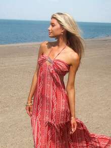 Sydney Algeri Vestido Elegante de Fiesta con Estampado de Vacaciones, Espalda Descubierta y Halter - Multicolor - Ver 7