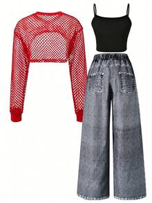 SHEIN ChillGRL Tween Girls 3pcs/Set Spring/Summer Casual Street Style Mesh Long Sleeve Cropped Top, Beach, Outfits, Concert, Fitted, Chic, Leggings - Multicolor - View 3