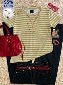 Attitoon Camiseta de manga corta holgada de cuello redondo, estilo minimalista, casual, de algodón al 95% con rayas amarillas y grises - Básica casual, versátil para todas las estaciones de primavera/verano/otoño, estilo retro vintage cute y clean girl Y2K, perfecta para salidas casuales, hogar, vuelta al cole, festivales occidentales, citas dulces, té de la tarde, vacaciones de primavera/verano y moda casual diaria - Multicolor - Ver 6