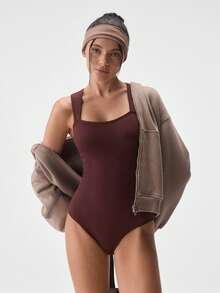 Loungeista 1pc Women Solid Seamless Waist Cincher Briefs Bodysuit Black Camisole Triangle Panty Shapewear Casual Tummy Control Body Shaper - Chocolate Brown - View 1