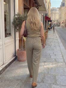 Calvaya Plus Size Women Autumn Elegant Commuter Pleated Tapered Leg Pants Gym Brown - Khaki - View 2