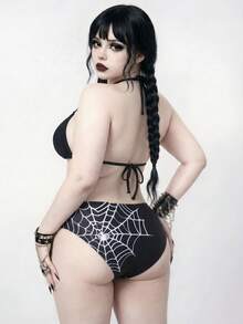 ROMWE Goth 2026新款哥德風深色蜘蛛網印花掛脖比基尼套裝 大尺碼女款 - 黑色 - 查看 2