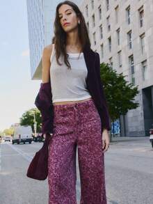 Nöista Printed Denim Wide-Leg Pants. For Everyday Look, Day-To-Night, Summer, Night Out Day Time Going Out, Back-To-School Floral Pink Vintage Streetstyle - Burgundy - View 7