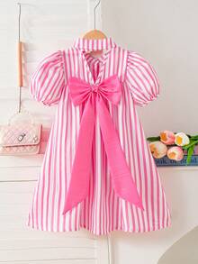 SHEIN Elladie kids Đầm sọc hồng cho bé gái, điểm nhấn là chiếc nơ hồng ngoại cỡ, tay phồng ngắn, cổ Peter Pan, kiểu dáng thường ngày, thích hợp cho kỳ nghỉ hoặc mặc hàng ngày. - Hồng - Xem 3