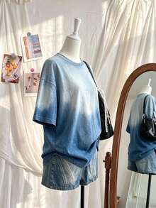 Lalippa Denim Effect Retro Digital Print Loose T-Shirt - Multicolor - View 3