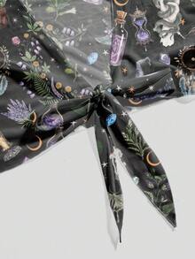ROMWE Goth 哥德嘻皮風深色哥德蝴蝶日月星印花休閒性感前開襟上衣，適合大尺碼女性 - 黑色 - 查看 3
