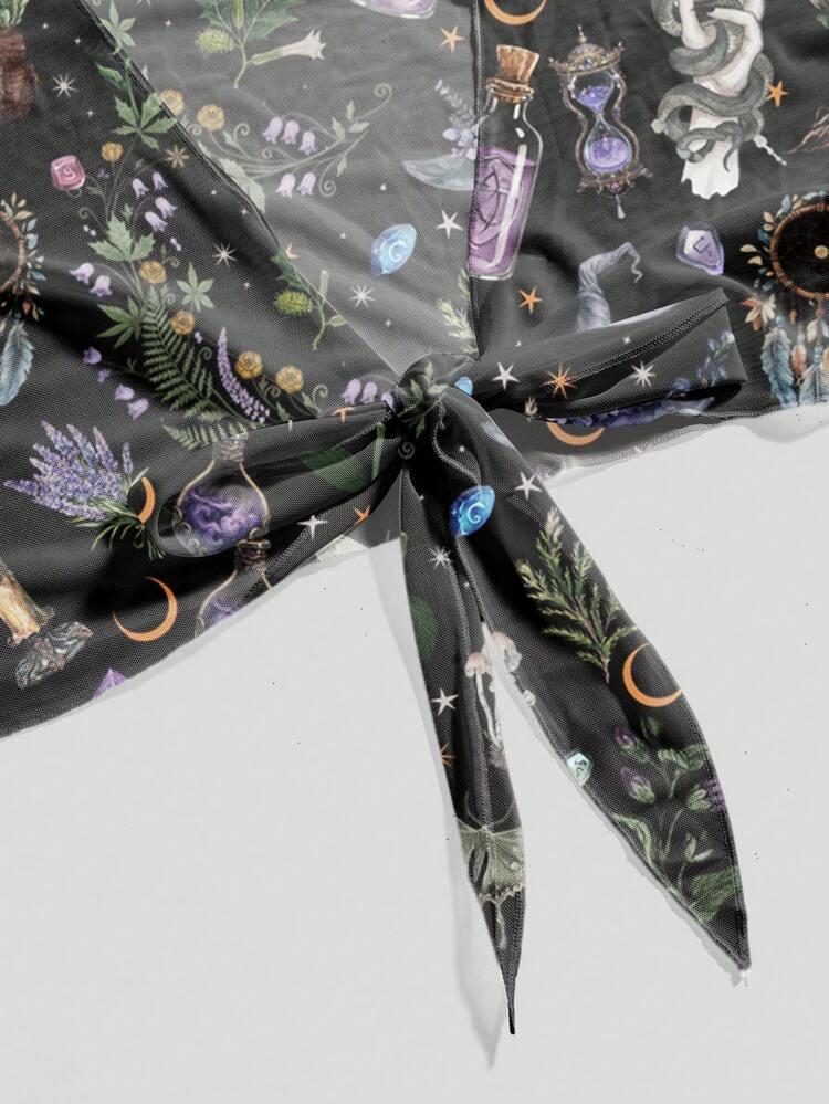 ROMWE Gothic Hippie Dark Goth Butterfly Sun Moon Star Print Casual Sexy Open Front Blouse For Plus Size Women - Black - View 3