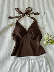 Comfortcana 咖啡棕蕾絲拼接露背女款上衣，性感夜店時尚，夏季海灘度假 Y2K 風格，優雅休閒派對約會上衣 - 咖啡棕 - 查看 8