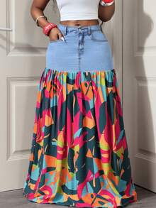 Slaydiva Women's Printed Patchwork Extra Long Denim Skirt - Blue - View 1