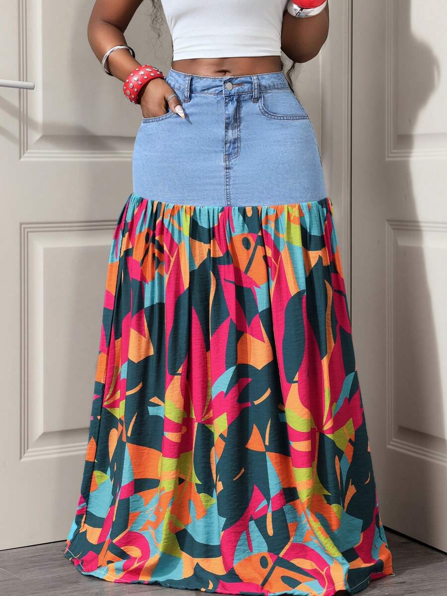 Slaydiva Women's Printed Patchwork Extra Long Denim Skirt - Blue - View 1