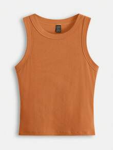 SHEIN BASICS 女款素色圓領螺紋休閒百搭背心上衣 - 鏽棕色 - 查看 9