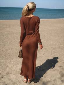 Sydney Algeri 1 Stück Damen Strick Kleid mit V-Ausschnitt, Langarm und Fischschwanz-Silhouette, einfarbig, für Herbst/Winter, Weihnachten, Hochzeit, Cocktailparty, Galaanlässe, Urlaub - Braun - Übersicht 2