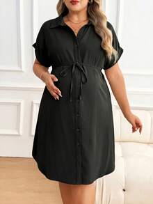 Plussiva 孕妇加大码简约基础款单排扣系带休闲连衣裙 - 黑色 - 查看 6