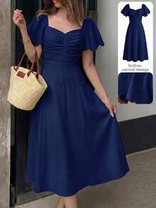 Vestido elegante y romántico de manga corta, cintura recogida y plisado en A, de longitud media, en color amarillo tejido, para primavera/verano - Azul marino - Ver 6