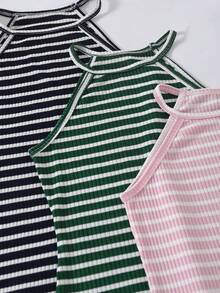 SHEIN 3件組女童休閒時尚簡約日常圓領掛脖無袖修身短款彩色條紋羅紋布料背心洋裝 夏季姐妹套裝 - 彩色 - 查看 8