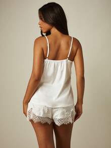 MISSGUIDED Satin Lace Trim Cami Top Sleeveless Adjustable Strap Loungewear Lingerie Inspired Camisole Elegant Nightwear - White - View 2