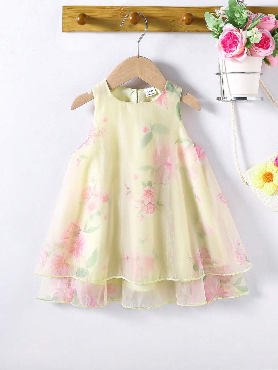 SHEIN Elladie kids 嬰兒印花網紗覆蓋連衣裙 - 黃色 - 查看 1