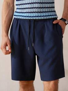 Airaco Pantalones cortos de hombre de verano, de uso diario y casual, de unicolor, con cordón en la cintura, bolsillos en diagonal y costuras delanteras - Azul Marino - Ver 4