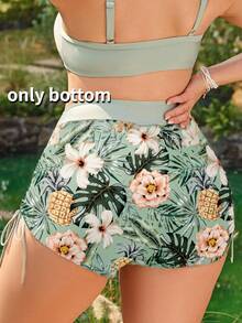 Swim Lushoire Plus Size Women Summer Beach Vacation Tropical Print Drawstring Ruched Tie Front Swimwear Bottom - Hot Pink - View 2