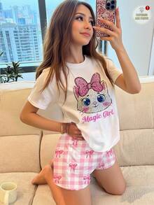 Tween Girl Casual Cute Shiny Textured Cartoon Kitty Cat Pattern, Pink And White Bow, Plaid, Round Neck Short Sleeve Shorts Loungewear For Summer - Multicolor - View 1