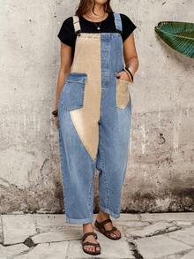 EMERY ROSE EMERY ROSE Plus Size Women's Colorblock Pocket Design Casual Denim Overalls - Light Wash - View 5