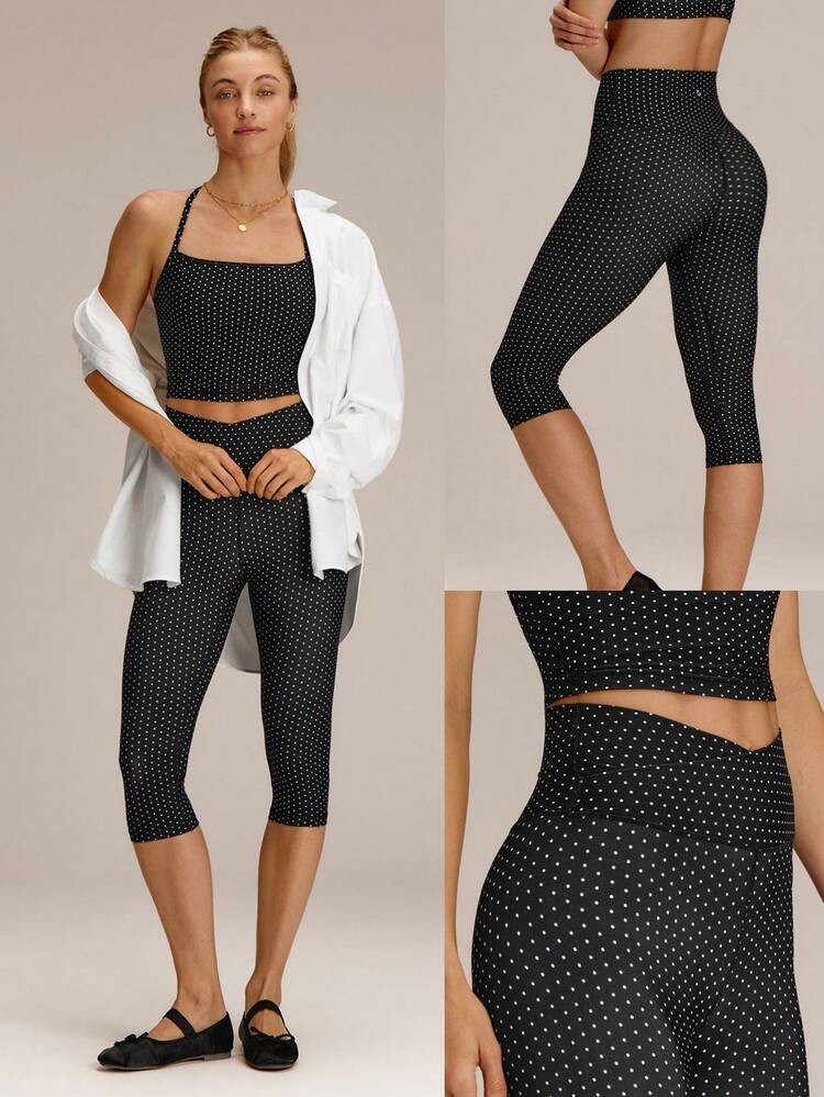 17" FeatherFit™ Crossover Waist Front Special Seam Cutie Capri Leggings Low Impact Yoga Pilates Studio Daily