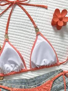 Swim Vcay 2026春夏三角杯掛脖式橘色碎花布料金色雙耳花飾高衩繫帶可愛性感比基尼泳衣，適合海灘、海邊與泳池 - 橘色 - 查看 4
