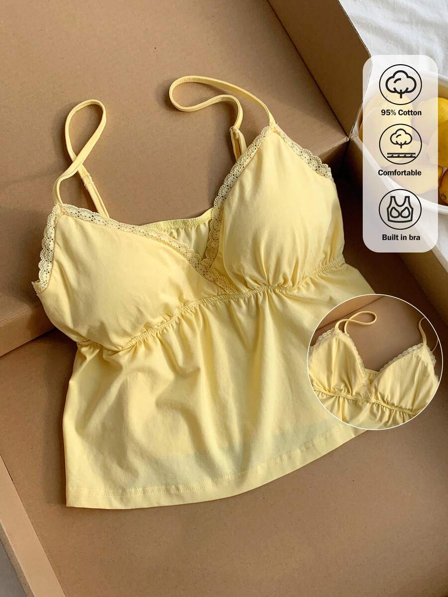 Comfortcana 夏季女士休闲蕾丝拼接吊带背心 - 黃色 - 查看 1