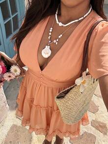 SHEIN SunnyBelle 大尺碼女款休閒度假碎花短袖洋裝 - 橘色 - 查看 5