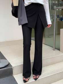 DAZY Women's Solid Color Split Design 2 In 1 Long Pants With Back Flap School Fall - Black - View 1
