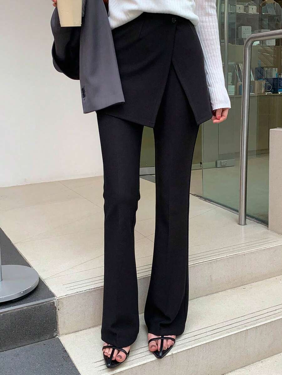 DAZY Women's Solid Color Split Design 2 In 1 Long Pants With Back Flap School Fall - Black - View 1