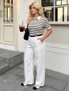 Dripcurv Pantalones diarios de unicolor simple para mujer de talla grande - Blanco - Ver 5