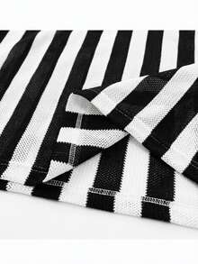 EGENSIO Kemeja Polo Pria Lengan Pendek Bergaris Hitam Putih dengan Desain Blok Warna - Hitam - View 5