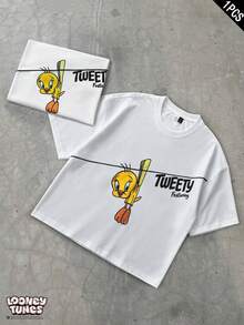 LOONEY TUNES X SHEIN PAVTROS 男士联名短袖T恤，露脐廓形，复古简约休闲风，充满怀旧幽默，休闲百搭，适合学生、通勤、外出、运动、节日礼物 - 白色 - 查看 4