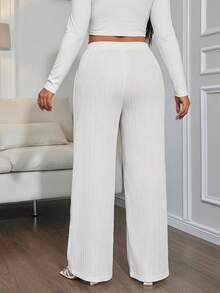 SHEIN Tall CURVE 大码女式高腰宽松抽绳褶皱纹理面料阔腿裤，女式白色亚麻裤 - 白色 - 查看 2