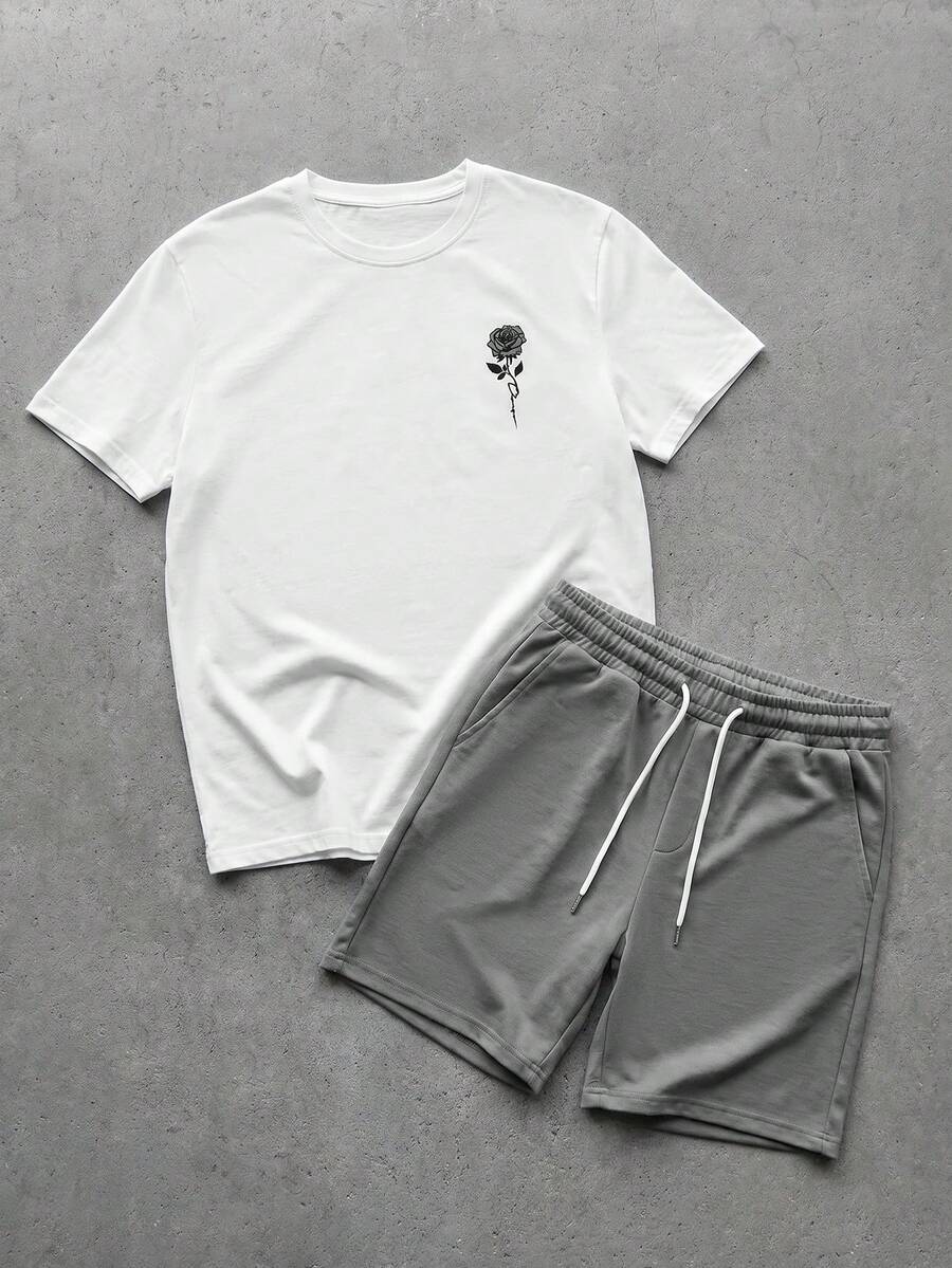 GENTILAND Manfinity VCAY Men's Summer, Street Wear, Work Casual Round Neck Short Sleeve Top And Shorts Set Cozy Outfits Husband Gift, Football - Grey - View 1