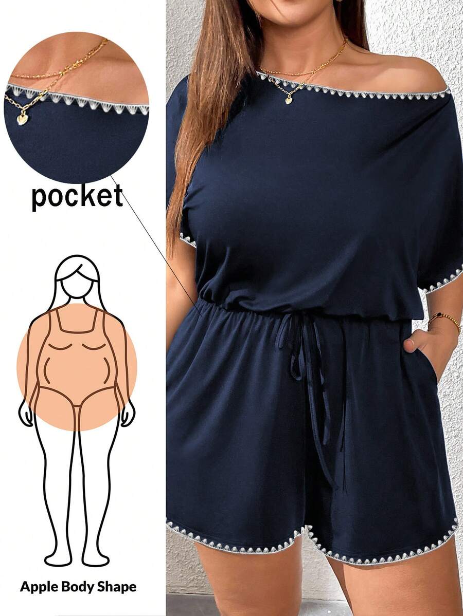 SHEIN Essnce Romper Wanita Ukuran Besar dengan Hiasan Bunga, Ikat Pinggang, Saku, dan Bahu Asimetris Kasual - Navy Blue - View 1