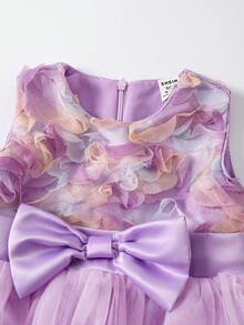 SHEIN Glamorique Kids 女嬰公主洋裝，優雅可愛紫色粉色3D花朵無袖蝴蝶結網紗蓬蓬裙，生日派對、婚禮節日禮服、舞會禮服、畢業禮服、夏季洋裝 - 紫色 - 查看 8
