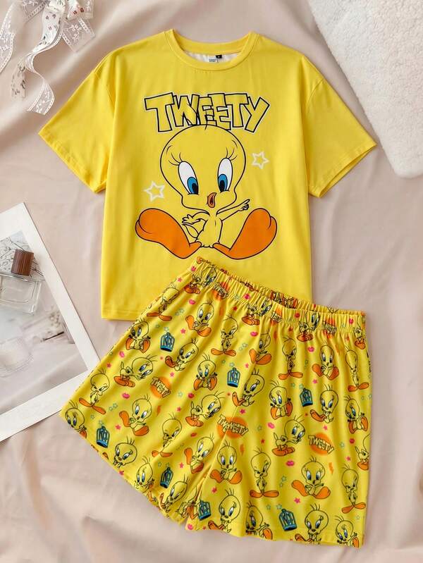 LOONEY TUNES X SHEIN Women's Round Neck Letter Cartoon Print Short Sleeve Top And Shorts Casual Daily Home Pajama Set