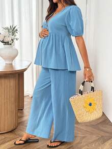 SHEIN Two-Piece Set Baby Blue Maternity Shirt And Adjustable Elastic Pants Summer Casual Vacation Style Cotton Photoshoot - Blue - View 3