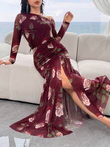 Feyla Women's Asymmetrical Shoulder Floral Print Slit Design Elegant Cinched Waist Party Dinner Dress Pink Autumn - Multicolor - View 4