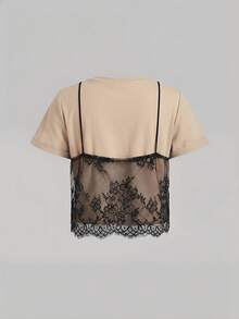 SHEIN Tall CURVE Áo thun tay ngắn cổ tròn phối ren trắng cỡ lớn mùa hè (2 trong 1) - Màu be - Xem 2