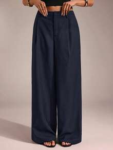 SHEIN Tall CURVE 大码百搭纯色阔腿裤，适合通勤。 - 藏蓝色 - 查看 7