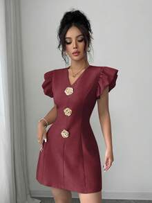 SHEIN Elenzya 女款夏季精緻優雅通勤風V領短袖玫瑰金屬扣飾收腰A字版型迷你洋裝 - 酒紅色 - 查看 5