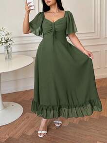 Vibekara Đầm dáng chữ A cổ chữ V tay bèo nhún size lớn phong cách thường ngày thanh lịch thoải mái cho đi chơi - màu xanh lá - Xem 3