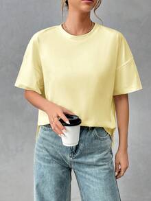 SHEIN Essnce Cream Yellow Pure Cotton Comfortable Women's Minimalist Basic Short Front Long Back T-Shirt, Chic, Suitable For Outings, Matching, Travel, Vacation - Yellow - View 6
