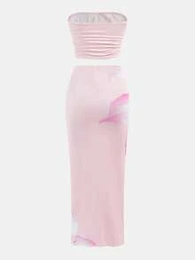 SHEIN Bộ 2 váy maxi hở lưng họa tiết nhiệt đới cho bé gái tuổi teen, màu hồng - Hồng - Xem 2