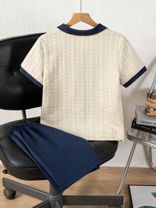 Tween Boy Colorblock Short Sleeve Polo Shirt And Shorts Casual Set - Navy Blue - View 2