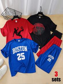 SHEIN 3套買2送1 青少年男童休閒運動數位23籃球足球印花圓領寬鬆套頭短袖T恤短褲針織兩件組多件裝套裝，Ss26，夏季上衣，夏季短褲，男童套裝兒童套裝，適合春夏季，戶外穿著，情人節，旅行，度假，家庭聚會，返校季，婚禮季，晚餐，運動，生日派對 - 彩色 - 查看 3