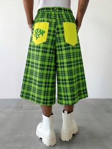 PAVTROS Men's Plaid Letter Print Casual Versatile Daily Travel Shorts - Green - View 3